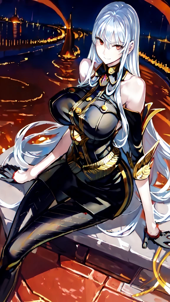 (((masterpiece))), best quality, 1girl, ((pantyhose)), silver hair, red eyes, park in the night with fountains background, looking at viewer, smile, busty, highly detailed face,highly detailed eyes, sitting, hi resolution,4k, mature,