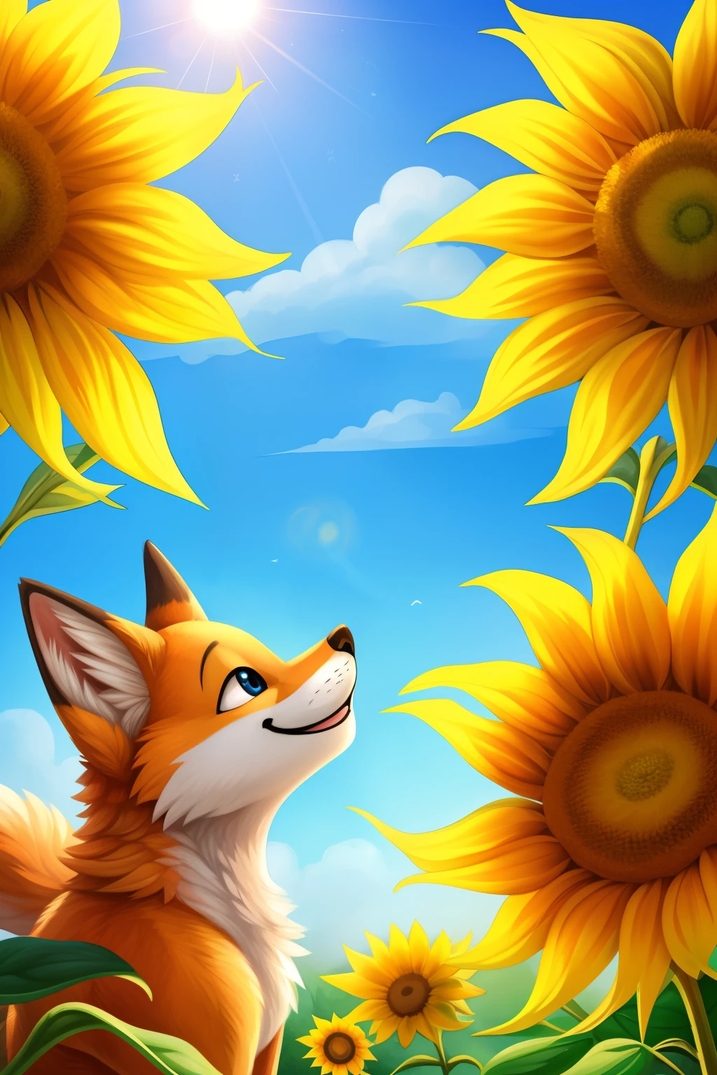 ("Crafted by ArtfulWanderer", "masterpiece", "ink and watercolour", "duo", "lively", "whimsical fox pups", "playful expressions", "fun colours", "large smiling sunflowers", "detailed", "expressive", "sniffing", "vibrant", "soft brush strokes", "captivating", "bright and airy", "enchanting background", "blossoming meadow", "trending on ArtStation")