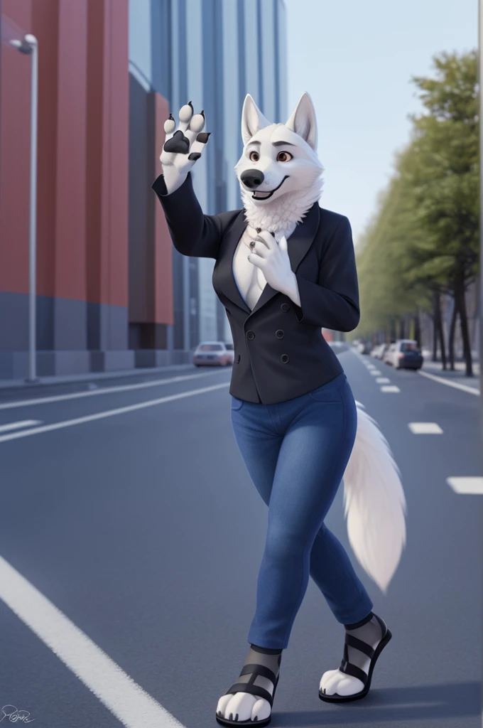Barbara\(Moscow\), (white body:1.3), white fur, Brown eyes, Moscow, dressed, black jacket,jeans,blue,pink open heel sandals, canine, wolf, Detailed fur, Female, breast, antro, paw pads, finger claws, waving, waving at viewer, 5 fingers, paws, 4 toes,ring,
BREAK from nextel, for dating, by xenoforge, (difficult, high detail, film photography, soft focus, RAW сидит,
Photorealism, realistic, photorealistic, digital style, Subsurface scattering,
masterpiece, Best quality, ultra realistic, 8 k)