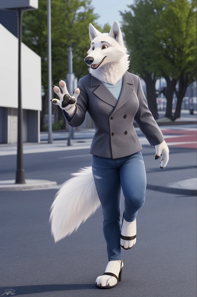 Barbara\(Moscow\), (white body:1.3), white fur, Brown eyes, Moscow, dressed, black jacket,jeans,blue,pink open heel sandals, canine, wolf, Detailed fur, Female, breast, antro, paw pads, finger claws, waving, waving at viewer, 5 fingers, paws, 4 toes,ring,
BREAK from nextel, for dating, by xenoforge, (difficult, high detail, film photography, soft focus, RAW сидит,
Photorealism, realistic, photorealistic, digital style, Subsurface scattering,
masterpiece, Best quality, ultra realistic, 8 k)