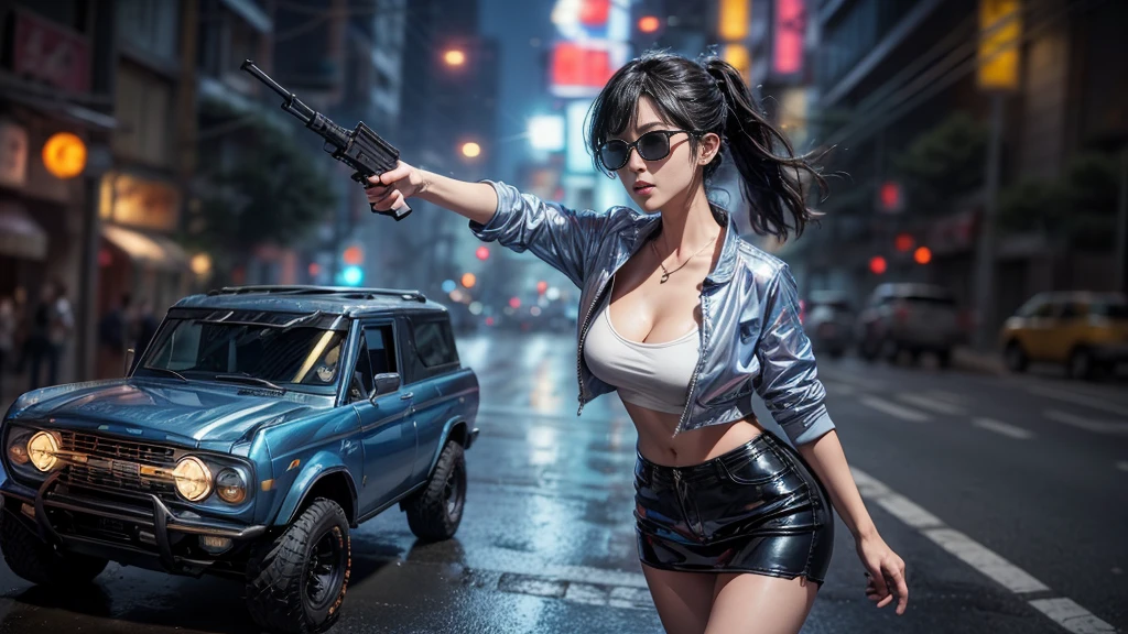 8k, Realistic Skin Texture, Realistic Photo, Neo Tokyo, slim Japanese women, large-breast:1.3 cleavage, AD2050 at night, Dirty hunting jacket, Wearing multiple shirts, (((black sunglasses, automatic rifle, sneakers, cold, shooting pose))), Innovative composition, revenge, An old 1966 Ford Bronco that looks out of place in a city, cyberpunk, blade runner worldview, Large neon sign, Geisha hologram sign, Strong Wakamoto Sign.