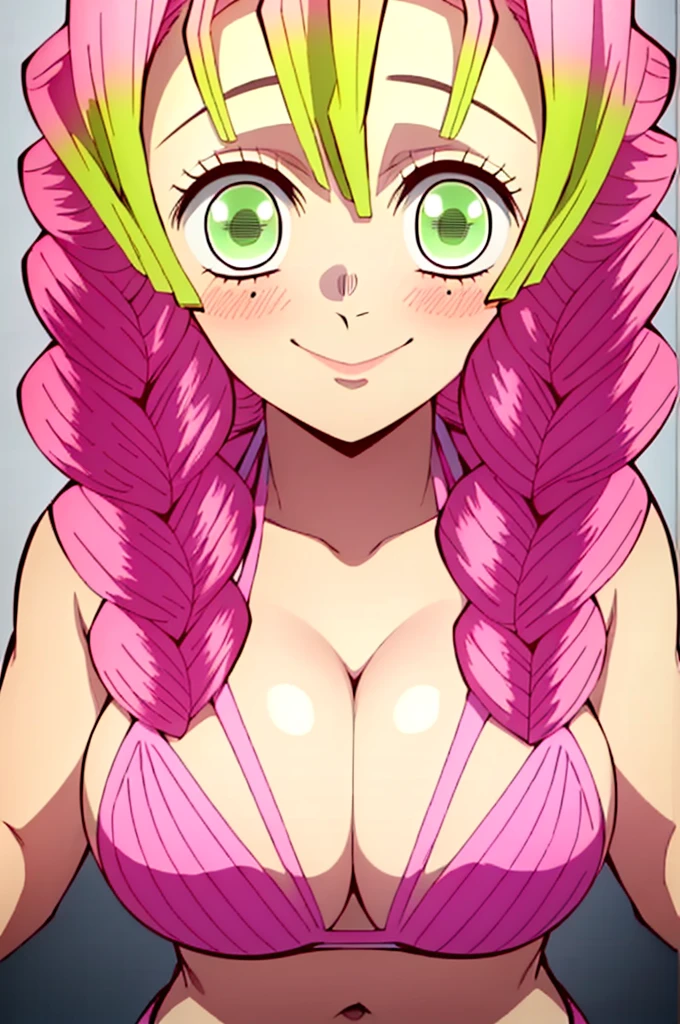 (masterpiece, best quality), intricate details,
MitsuriKanroji, kanroji mitsuri, 1girl, solo, long hair, winking, green eyes, pink hair, braid, green hair, twin braids, smile, cute smile, blushed smile, blush, blushing, large breast, huge breasts, bikini top, headshot, collarbone, neck, bare shoulders, pink bikini top, cleavage, top angle, shot from above, perfect shot, plain background, white background, photoshoot, complete head in frame, top of head, zoomed out, top of head, perfect shot, perfect framing, background