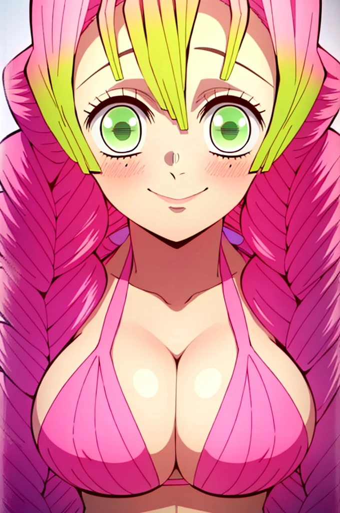 (masterpiece, best quality), intricate details,
MitsuriKanroji, kanroji mitsuri, 1girl, solo, long hair, winking, green eyes, pink hair, braid, green hair, twin braids, smile, cute smile, blushed smile, blush, blushing, large breast, huge breasts, bikini top, headshot, collarbone, neck, bare shoulders, pink bikini top, cleavage, top angle, shot from above, perfect shot, plain background, white background, photoshoot, complete head in frame, top of head, zoomed out, top of head, perfect shot, perfect framing, background