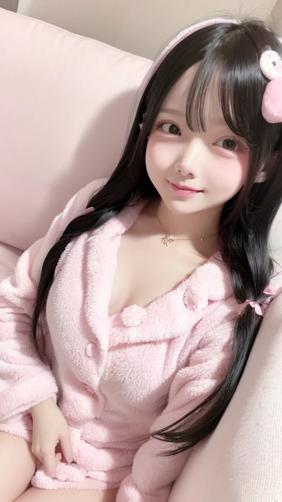 Cute girl in pink pajamas posing on sofa, sleepwear, wearing pajama, wearing white pajamas, Pink clothes, wearing a baggy pajamas, Smooth white fluffy 、cute face with arms and legs、hmochako, blush stickers, Long black hair、Big cleavage, A smile、、