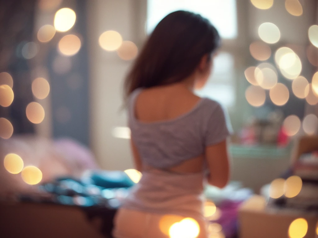 Voyeur , (old color negative film) , (soft focus) , (Bokeh:1.5) , woman , woman's messy room , (Activities of daily living) , underwear , looking away