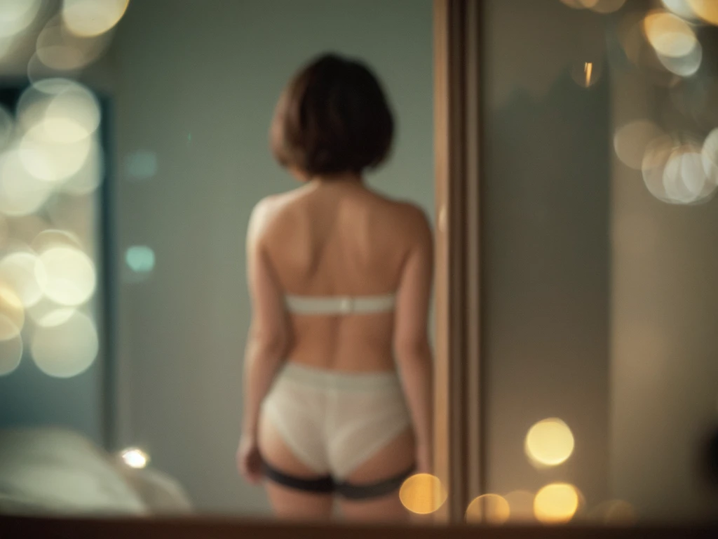Voyeur , (old color negative film) , (soft focus) , (Bokeh:1.5) , woman , woman's messy room , (Activities of daily living) , underwear , looking away