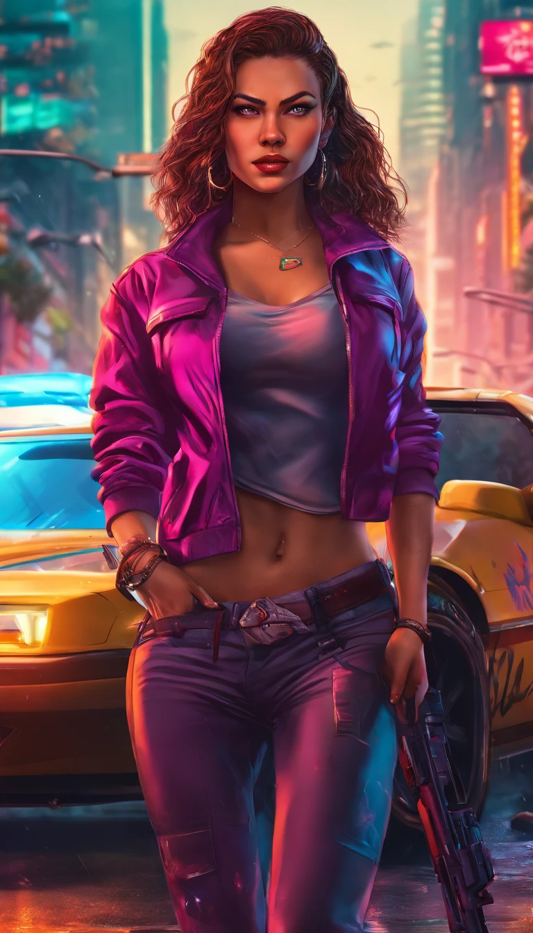 beautiful woman with a gun, with a car, and in a city, detailed face, pretty eyes, detailed lips, long eyelashes, photorealistic, 8k, Masterpiece, cinematic lighting, dramatic colors, cyberpunk style, urban environment, rainy day, puddles, neon lights, skyscraper