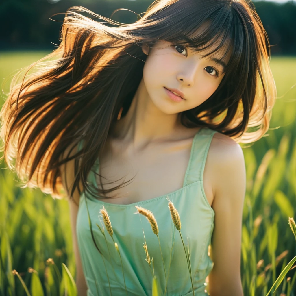 Japanese beautiful girl, Embarrassed look, figure, (Highest quality, Super detailed), front、Gentle lighting, Flowing Hair,one piece、 Delicate features, Dreamy atmosphere、Analog Film Photography、20-year-old、80'、サイバーパンクWindローファイアニメーション、Wind, sunset, Wheat field,