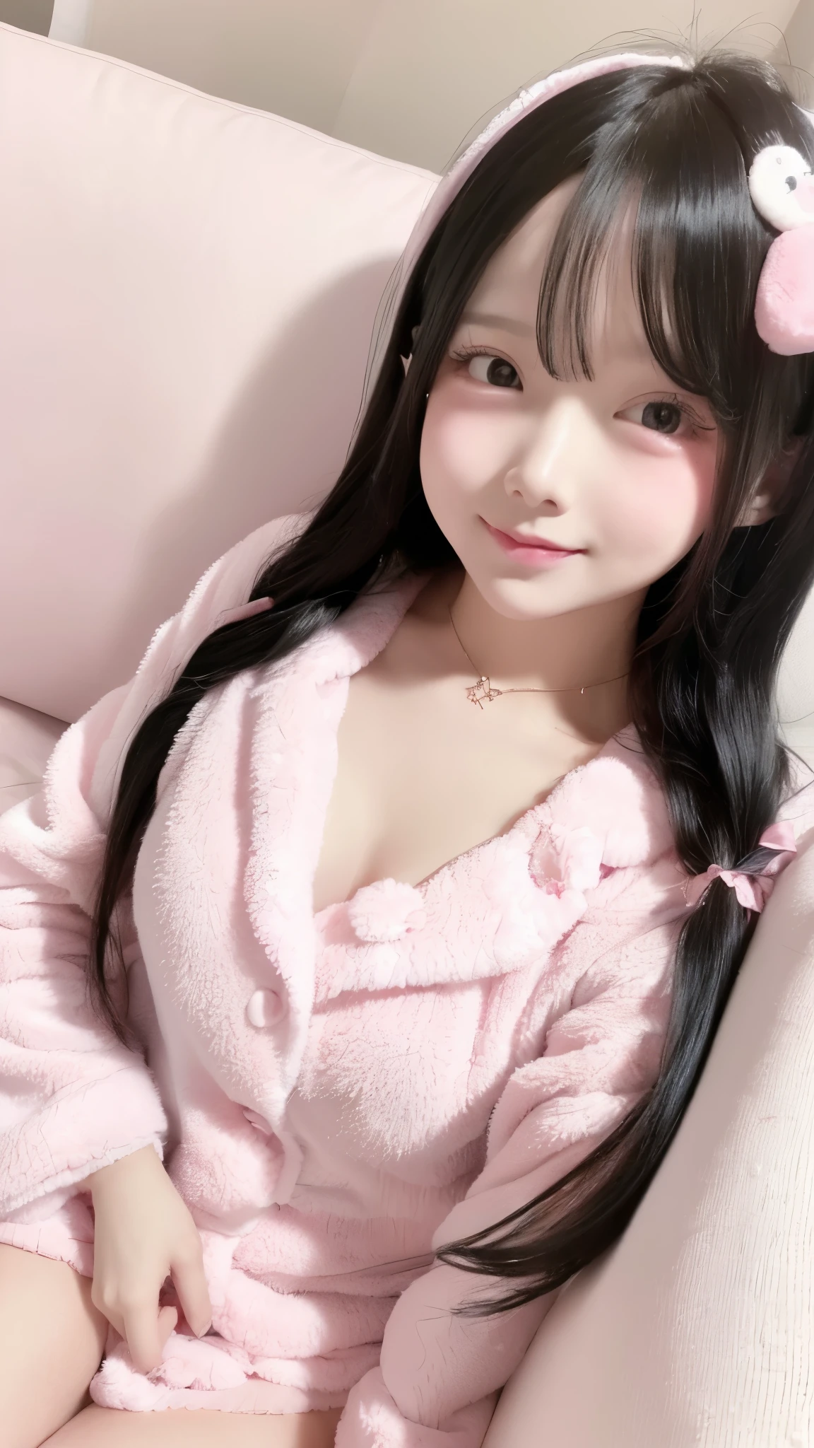Cute girl in pink pajamas posing on sofa, sleepwear, wearing pajama, wearing white pajamas, Pink clothes, wearing a baggy pajamas, Smooth white fluffy 、cute face with arms and legs、hmochako, blush stickers, Long black hair、Big , A smile、、