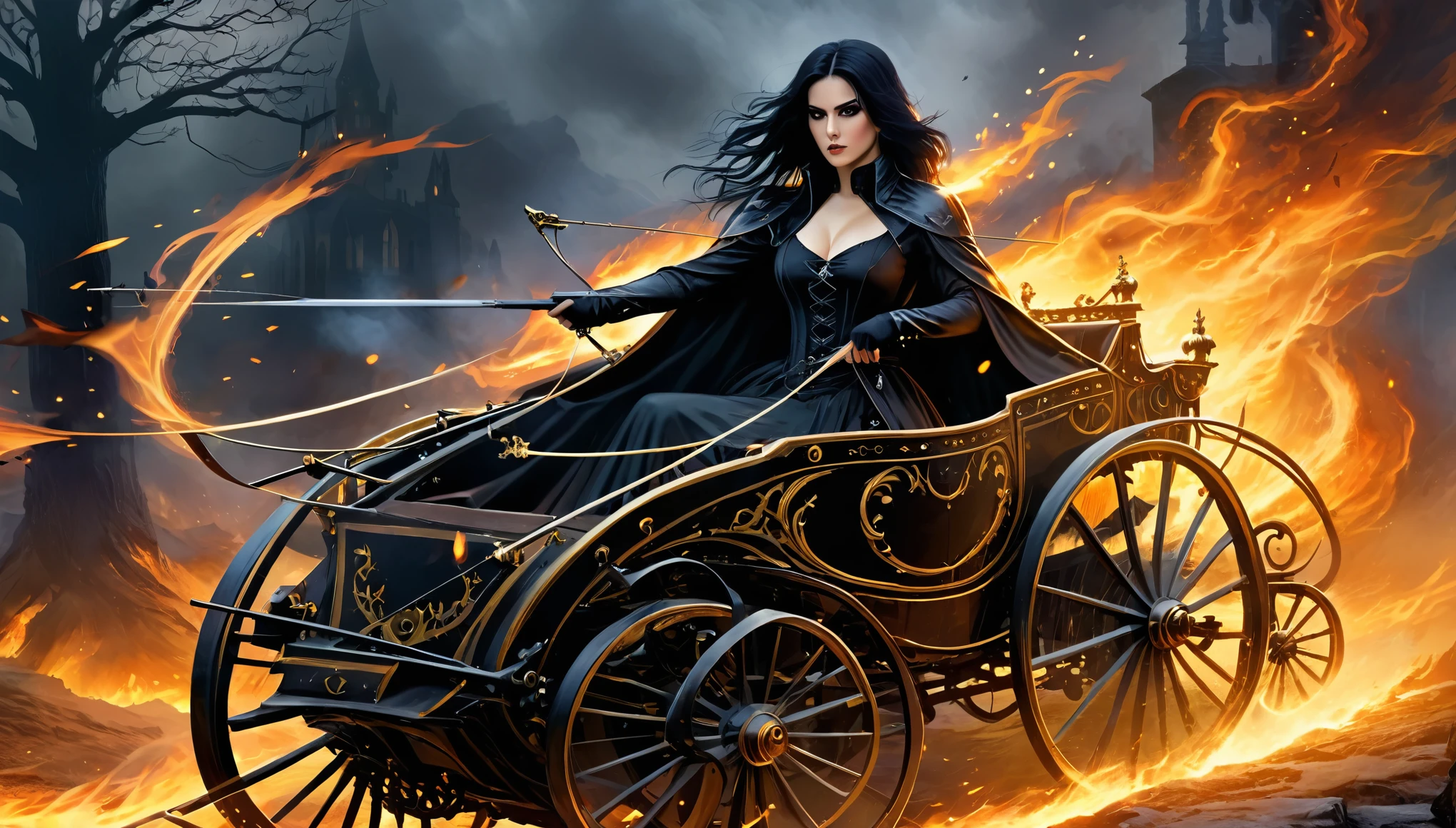 A fierce woman with dark, gothic makeup and flowing black hair, aiming a crossbow out of a gothic-style carriage, surrounded by dark flames and eerie shadows in a haunted landscape.