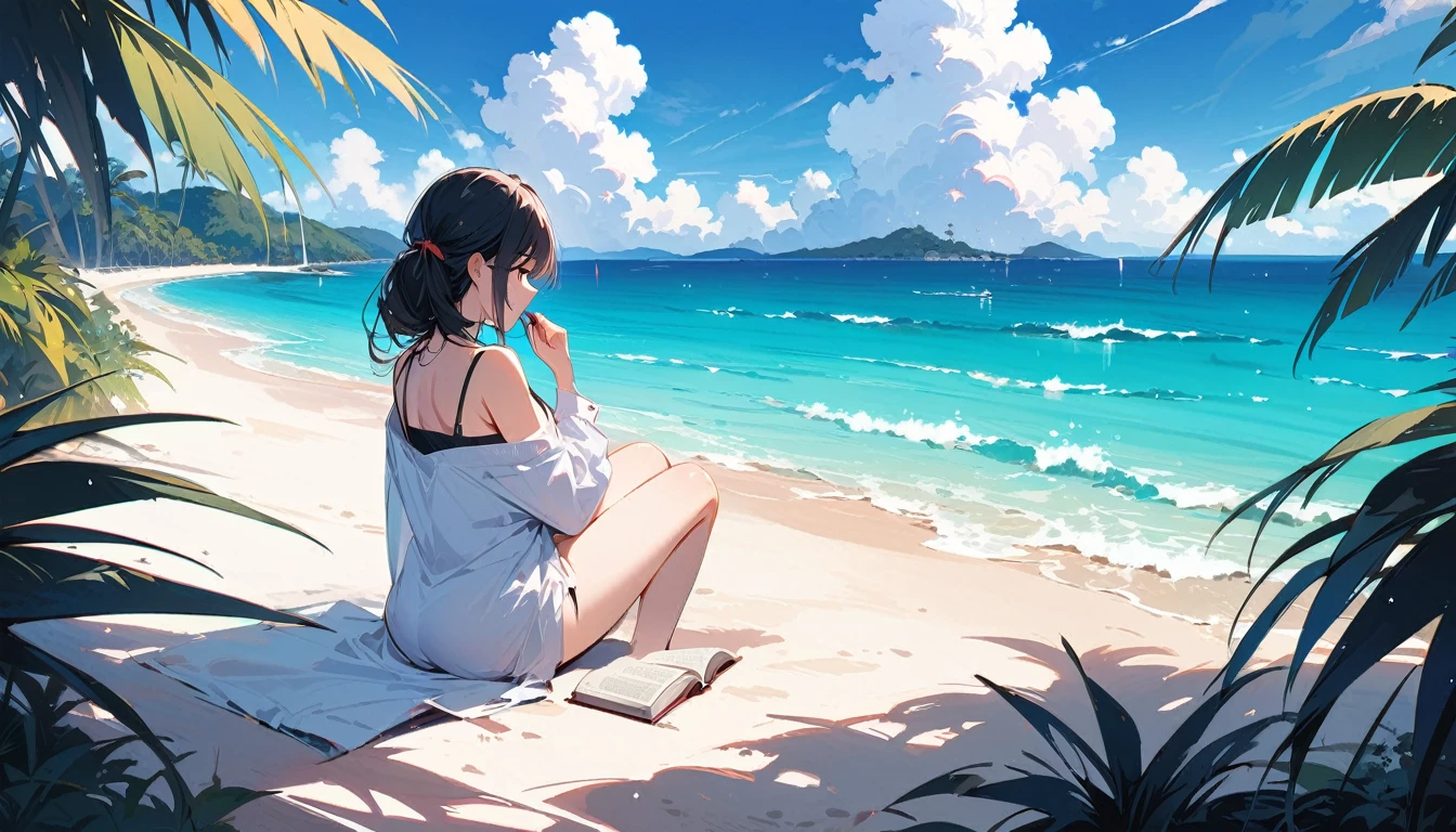 (masterpiece, Highest quality:1.2), 1 Girl, alone,Eyes open,I have a book,Tropical atmosphere,Ocean