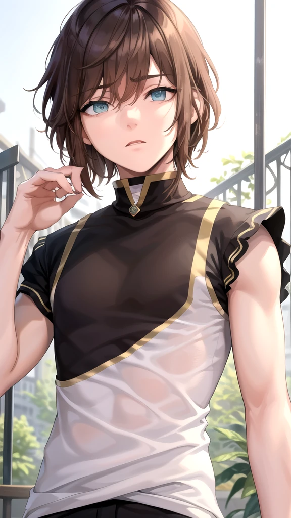 masterpiece, best quality, high quality, 1boy, solo, 14-year-old boy,male focus, looking at viewer , brown hair, old-school swoop haircut,upper body , while T-shir sleeveless t,emerald eyes,