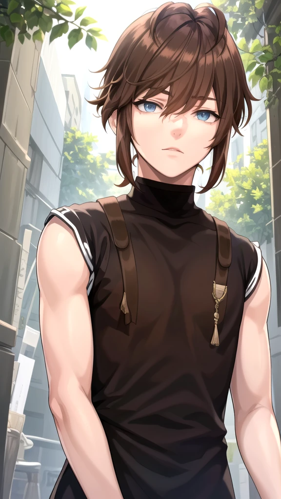masterpiece, best quality, high quality, 1boy, solo, 14-year-old boy,male focus, looking at viewer , brown hair, old-school swoop haircut,upper body , while T-shir sleeveless t,emerald eyes,