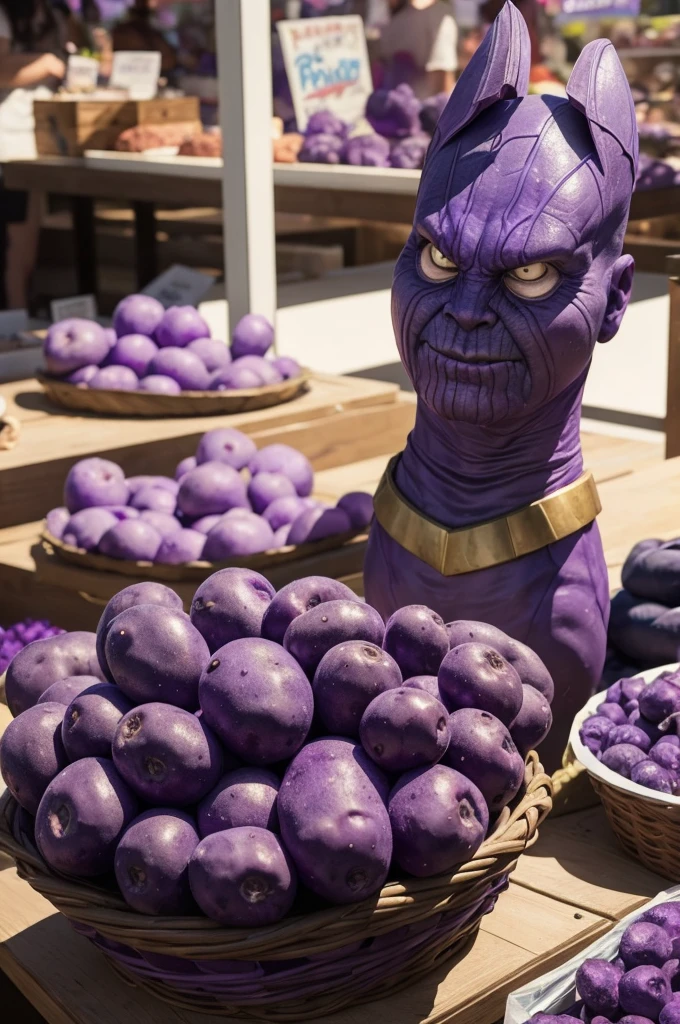 Marvel character Thanos selling purple potatoes at the fair