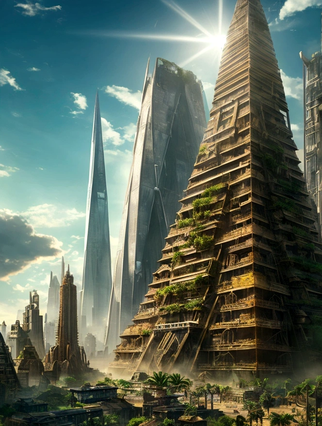A towering pyramid radiating light amidst a dystopian ancient but futuristic cityscape, where the past meets the future in a brilliant display of technological wonder In an ancient civilization. A lush tropical vegetation is part of the surroundings.