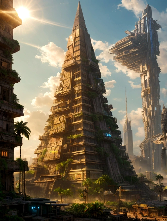 A towering pyramid radiating light amidst a dystopian ancient but futuristic cityscape, where the past meets the future in a brilliant display of technological wonder In an ancient civilization. A lush tropical vegetation is part of the surroundings.