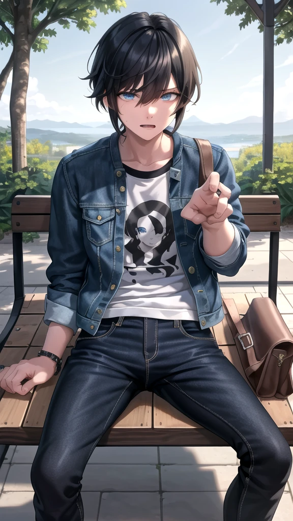 masterpiece, best quality, high quality, 1boy, solo, 14-year-old boy,evil boy,male focus, looking at viewer , black hair, old-school swoop haircut,blue jean jacket,black shorts, emerald eyes, sitting on a bench 