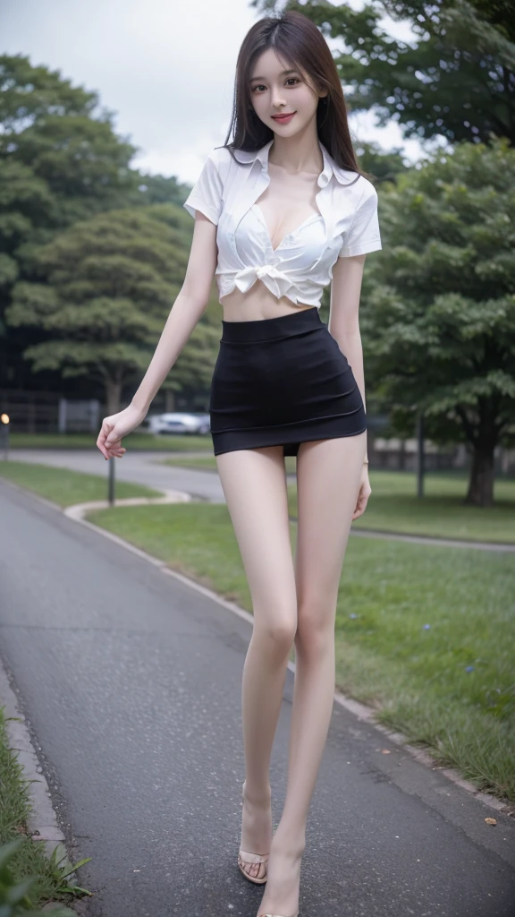 RAW, masterpiece, best quality, extremely detailed, 8k, HDR, photorealistic, intricate, A skinny Asian girl, she has an extremely slim body with (narrow and small hips), long straight hair, cleavage, wearing a short sleeves shirt and extremely short black flared microskirt, smile, standing, outdoors