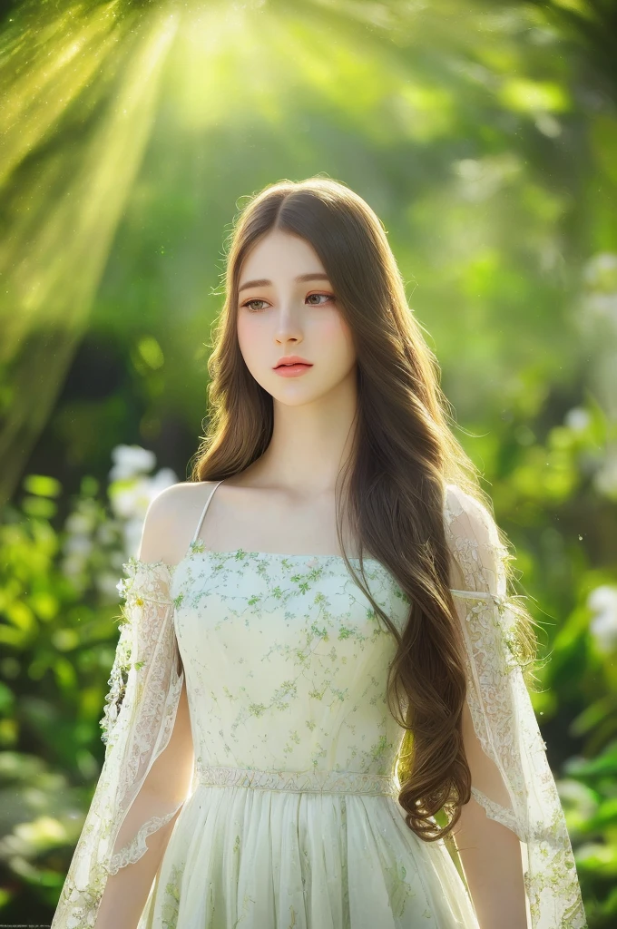 A highly detailed and realistic 3D render of a young woman, beautiful intricate eyes, full lips, long eyelashes, delicate facial features, long flowing hair, serene expression, wearing a flowing white dress, standing in a lush fantasy garden setting with blooming flowers, sunlight filtering through the trees, atmospheric lighting, vibrant colors, cinematic composition, award-winning digital art