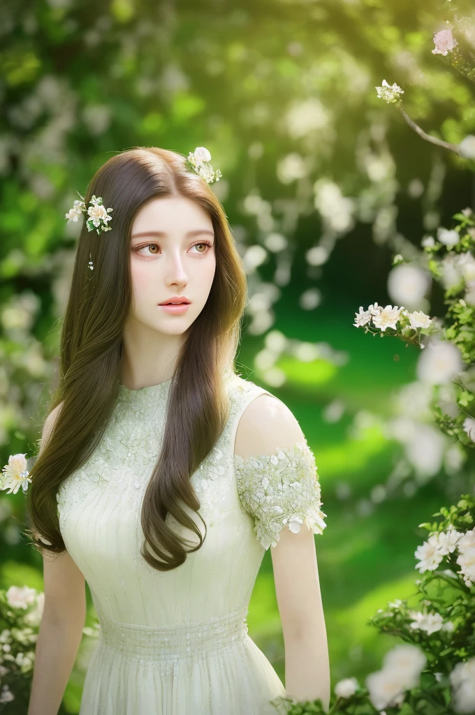 A highly detailed and realistic 3D render of a young woman, beautiful intricate eyes, full lips, long eyelashes, delicate facial features, long flowing hair, serene expression, wearing a flowing white dress, standing in a lush fantasy garden setting with blooming flowers, sunlight filtering through the trees, atmospheric lighting, vibrant colors, cinematic composition, award-winning digital art