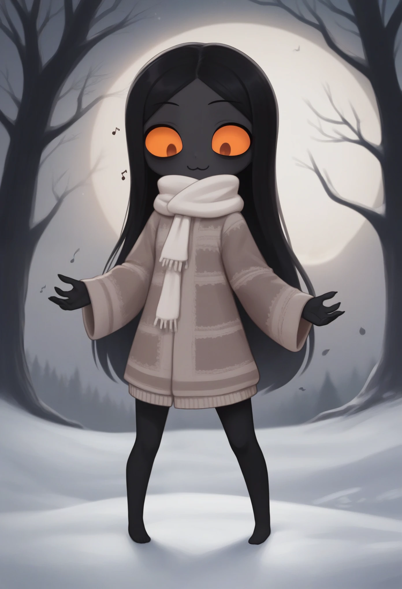 score_9, score_8_up, score_7_up, score_6_up, score_5_up, score_4_up, cute horror fantasy, disney-style horror effects, BREAK ,devil girl\(female,cute,(chibi,small kid,3 years old),wearing shawl\(large thick warm scarf, cute pattern, beautiful, colorful, cute, fluffy \),black hair,tattered clothes, singing song, evil smile, dancing notes,pure black skin,limbs\(slim,thin\), big eyes,orange eyes, bags under eyes,long eyebrow,long sharp nails,(long shot:1.4),looking down\), BREAK , background\((big dead trees in the forest:1.2),beautiful full moon\), (long shot:1.4),landscape