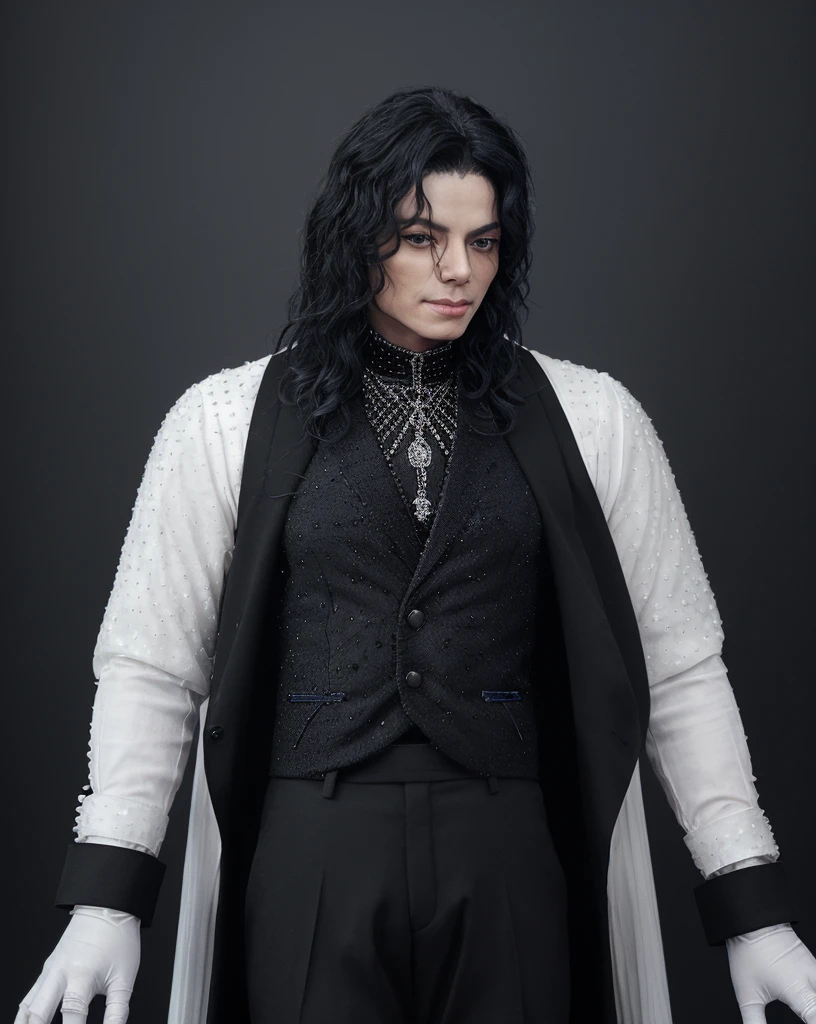 (Michael Jackson in a black coat encrusted with black diamonds),(white elegant shirt),(blue diamond encrusted vest),(elegant black pants),(black gloves with blue and diamonds),(white background with some greek sculptures),(pretty well detailed)