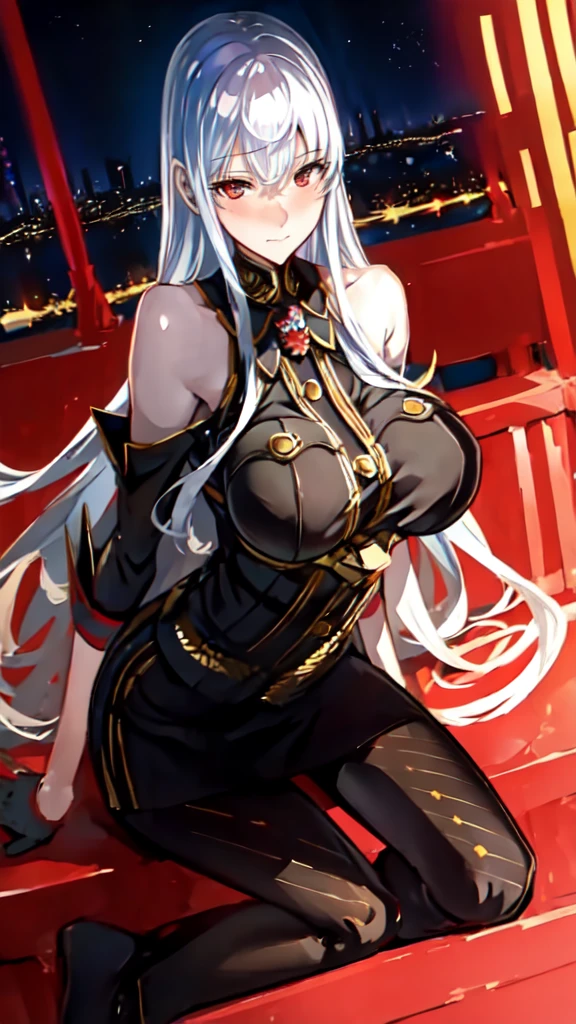 (((masterpiece))), best quality, 1girl, ((pantyhose)), silver hair, red eyes, park in the night with fountains background, looking at viewer, smile, busty, highly detailed face,highly detailed eyes, sitting, hi resolution,4k, mature, , blushing, excited 