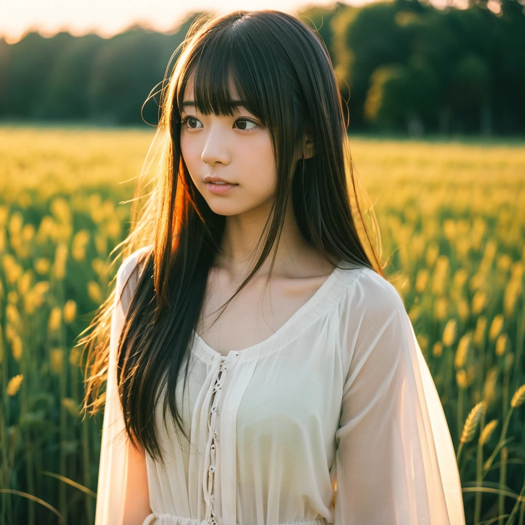 Japanese beautiful girl, Embarrassed look, figure, (Highest quality, Super detailed), front、Gentle lighting, Flowing Hair,one piece、 Delicate features, Dreamy atmosphere、Analog Film Photography、20-year-old、80'、サイバーパンクWindローファイアニメーション、Wind, sunset, Wheat field,