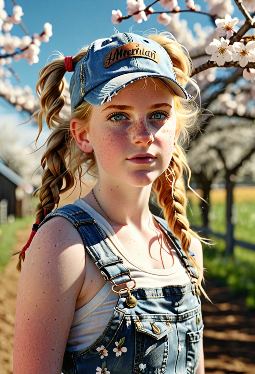 A freckled curvy strong farm tween. She is wearing a jean jack, crop top, and ripped Jean shorts, she is beautiful with low messy blonde twin tails and backwards ball cap and blue scuffed canvas sneakers. She lives on an abundant farm, ripe with harvest. Cute, perfect face, beige eyeshadow, light peach blush, coral lipgloss, athletic form, She is walking towards the camera on a lovely sunny day, pretty, pretty lighting, 8k, octane render, detailed, detailed background, 35mm, realistic, photorealistic, perfect face, cherry blossoms barrettes in hair, freckles, risqué poses, ((American face)), American, 