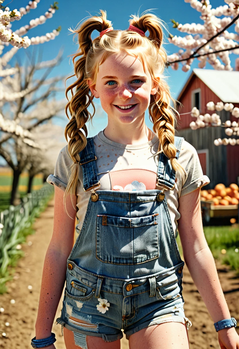 A freckled curvy strong farm tween. She is wearing a jean jack, crop top, and ripped Jean shorts, she is beautiful with low messy blonde twin tails and backwards ball cap and blue scuffed canvas sneakers. She lives on an abundant farm, ripe with harvest. Cute, perfect face, beige eyeshadow, light peach blush, coral lipgloss, athletic form, She is walking towards the camera on a lovely sunny day, pretty, pretty lighting, 8k, octane render, detailed, detailed background, 35mm, realistic, photorealistic, perfect face, cherry blossoms barrettes in hair, freckles, risqué poses, ((American face)), American, 