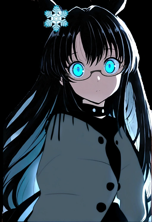 Anime Girls with blue eyes and black hair with a white flower in her hair, Anime Moe Art Style, gothic maiden Anime Girls, Her eyes have black anime pupils, With glowing eyes, 1 7  anime goth girl, Anime Girls wearing a black dress, With ghostly eyes and glasses, With big bright sad eyes, Glowing blue eyes, (Anime Girls)　trench coat　Celebrities