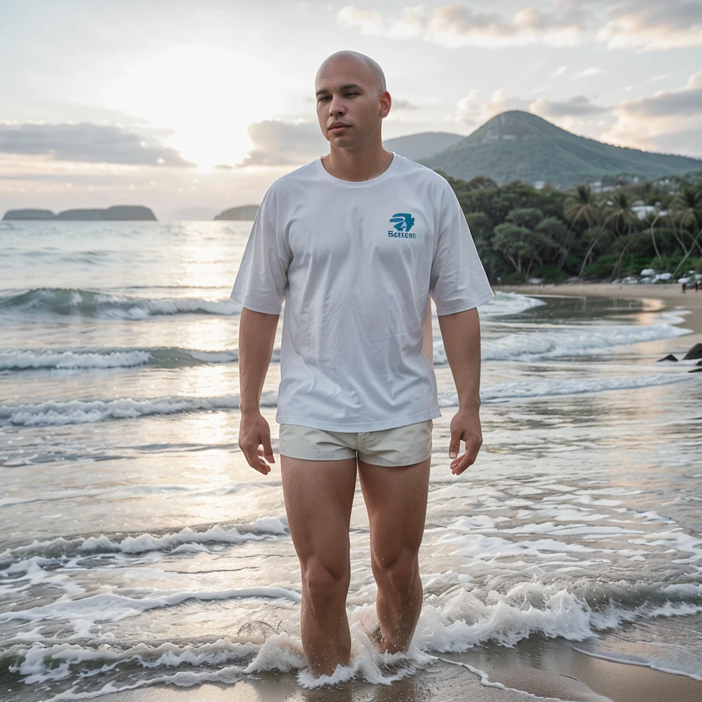photography made with a DSLR camera d800 lens 1.8, speed 1300, realisitic, 30 years old man, walking along the beach, knee-deep in sea water, White shorts, blue social shirt, baldie, offwhite, in the background a horizon with mountains and a sunset, nblurry background