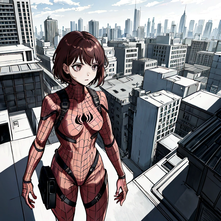 pink spiderman costume, brown short hair, black eyes, female, Scene standing on the rooftop, high quality