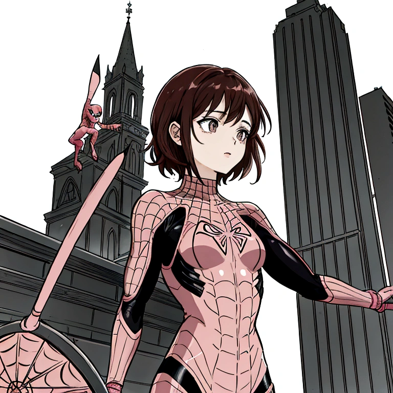 pink spiderman costume, brown short hair, black eyes, female, Scene standing on the rooftop, high quality