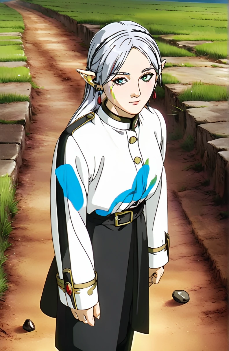 incredible quality, ultra detaild, work of art, movie poster. 1 imposing adult woman, confident and powerful but low, small stature, freeze, large, delicate, pointed elf ears, gray hair tied into neat twintails, greeneyes, elegant makeup, striking black mascara, subtly smoky eyeshadow, red drop-shaped earrings, Sophisticated cut white jacket with gold buttons and intricate dark yellow details, Striped shirt with black horizontal stripes, black leather belt with detailed silver buckle, white skirt with dark yellow ornaments, ending elegantly at the knee, black pantyhose, polished brown leather boots, walking gracefully on a dirt road with small loose stones that reflect the sunlight, In the background, a green field full of wildflowers of different colors, Blue sky with a few scattered white clouds, flower petalas voam like the wind, everything extremely detailed, each element captured precisely to create a visually stunning and captivating scene.