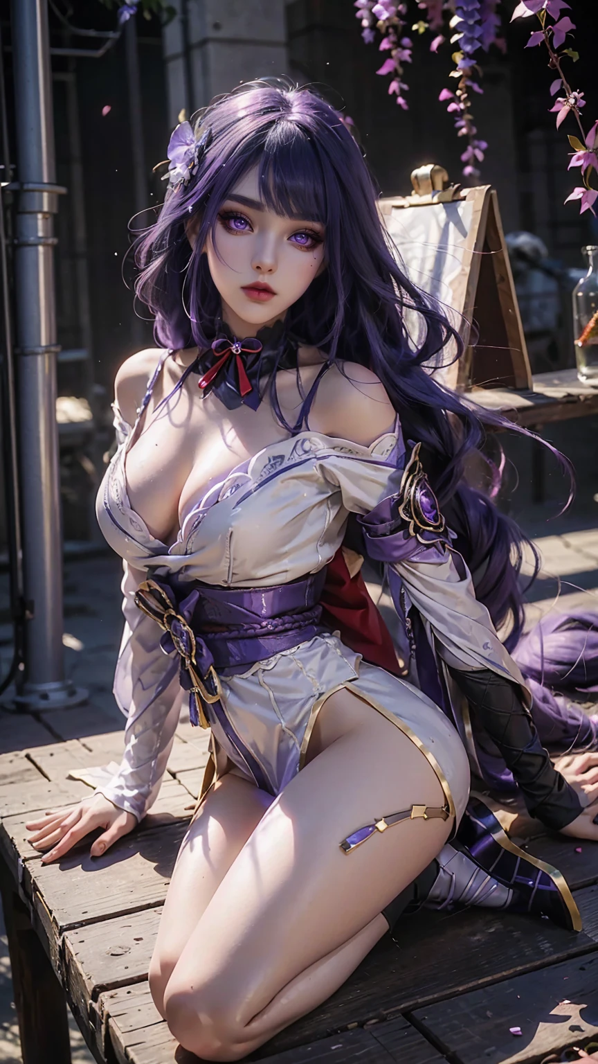 16K, Ultra High Definition, Super detailed, Shiny detailed hair, detailed face, fantasy landscape, solo, looking at viewer, full body shot, {{best quality}}, {{masterpiece}}, {{ultra-detailed}}, {detailed light}, ultra high quality eyes, detailed eyes, perfect eyes, large eyes, detailed purple eyes, beautiful lips, purple hair, long hair, beautiful, skinny body, white skin, slutty, erotic, suggestive, ((nsfw))