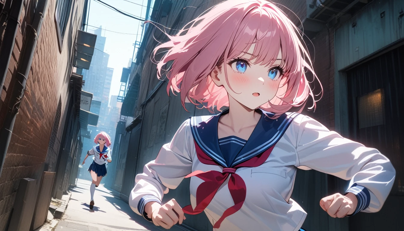 (Fit Body:1.1),(glistening skin:1.1),(pale skin:1.1),(Best Picture Quality, 8K, Masterpiece:1.3),(high school student:1.5), (pink medium hair), (bob cut), (slant skyblue eyes), (city alley Setting), Professional Lighting, Very Detailed Skin And Hair, (running:1.3), (serafuku:1.3), beguiling expression, (super clear:1.5),(looking side:1.3),(side angle:1.3), (side angle:1.3)