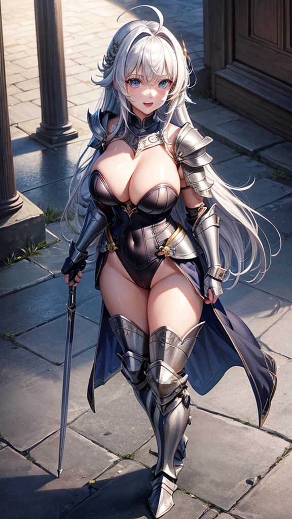 Woman knight、a beauty girl、huge tit、Excellent style、Nice Buddy、glamorous、leotard、s Armor、Shoulder rest armor、Bra chest armor、knee boots、gauntlets、hair adornments、silber hair、Longhaire、Ahoge、is standing、full body seen 、Medieval city、Walking、slightly open mouth、a smile、