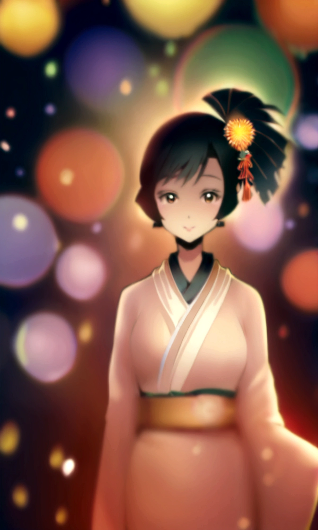 ((Illustration Style))，Anime Style, country, A woman wearing an elegant kimono, firework, Charm
