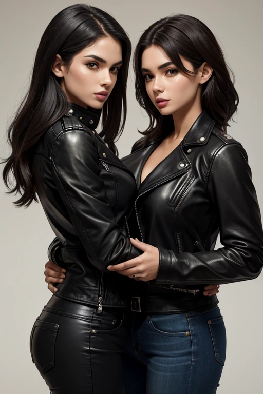 Two women in leather jackets with ideal figures approached their lips, stand hugging