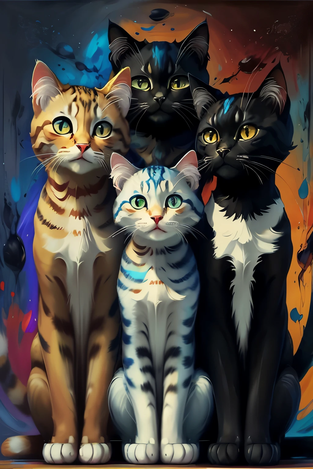 Three ethereal felines, elegantly captured in the style of abstract expressionism, dance across the canvas with fluid, swirling brushstrokes. Deep and vibrant hues of amber, cerulean, and obsidian blend together, each stroke meticulously placed to evoke a sense of movement and emotion. The background remains neutral, allowing the feline trio to take center stage. The overall mood is contemplative, as if each cat is pondering the mysteries of the universe. Intricate details and sharp lines showcase the artist's mastery of his craft, while the stunning 8K resolution brings out every brushstroke with breathtaking clarity. The piece is a testament
