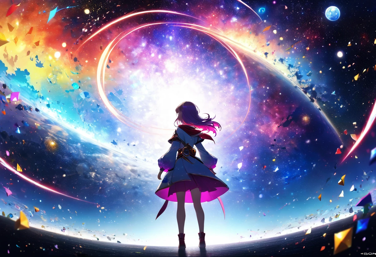 (((zoom out))),8k,((Highest quality)),((high-res)),((shot from behind)),universe,She stands front of a magical world ,colorful theme,thank you!