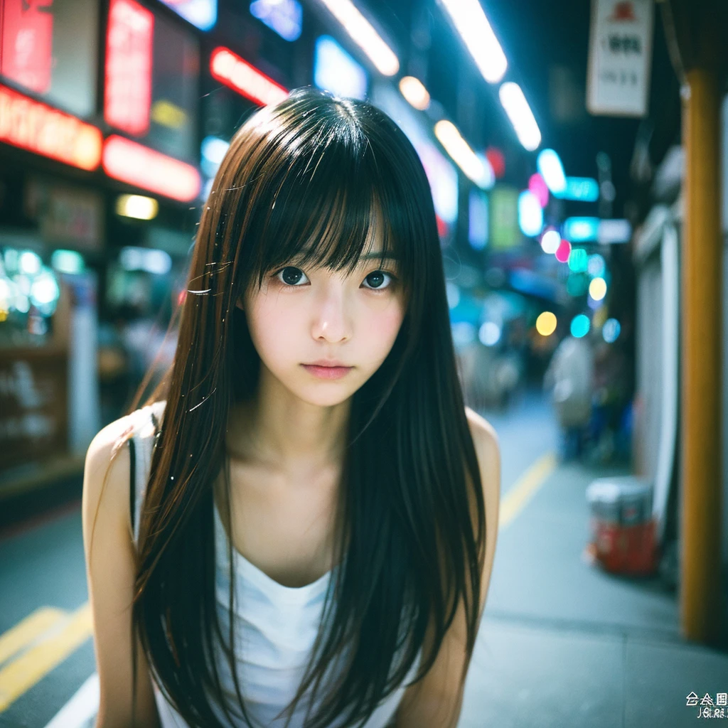 Japanese beautiful girl, Embarrassed look, figure, (Highest quality, Super detailed), front、Gentle lighting, Flowing Hair,one piece、 Delicate features, Dreamy atmosphere、Analog Film Photography、20-year-old、90'、Cyberpunk-style lo-fi animation、