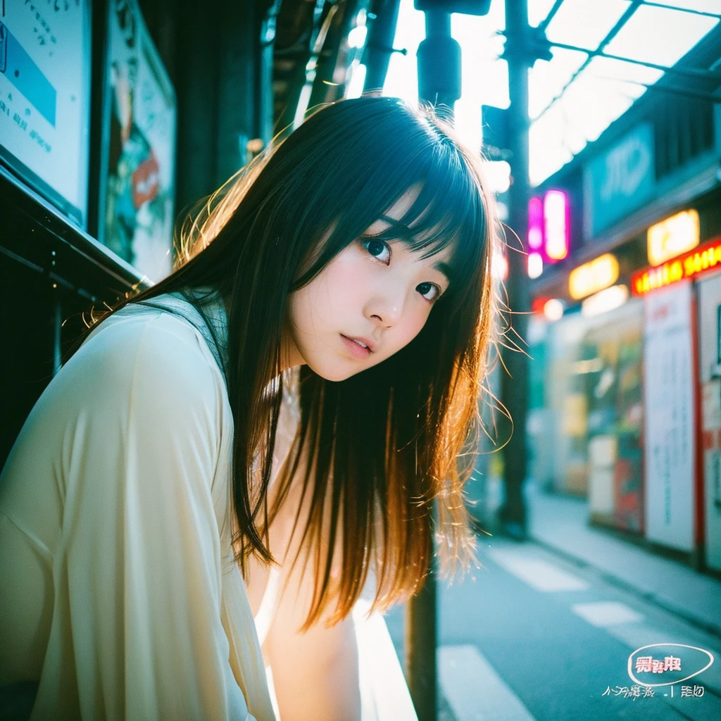Japanese beautiful girl, Embarrassed look, figure, (Highest quality, Super detailed), front、Gentle lighting, Flowing Hair,one piece、 Delicate features, Dreamy atmosphere、Analog Film Photography、20-year-old、90'、Cyberpunk-style lo-fi animation、