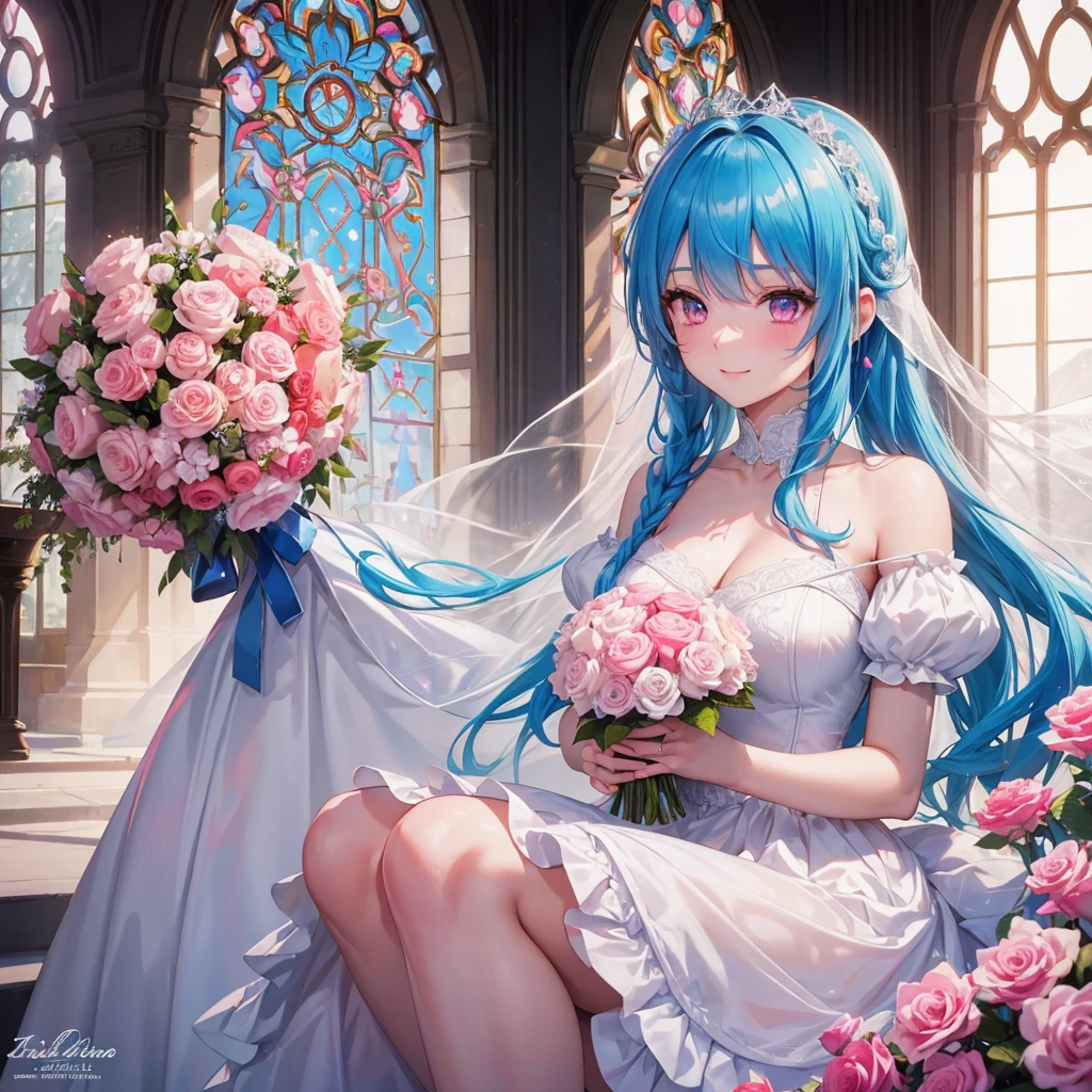 Sky blue hair, (Braided Ponytail),(Pink Eyes),Fair skin ,(whole body),(One girl),bride,A big smile,Straight bangs, 6月のbride,Wedding dress,(masterpiece, Highest quality, Very detailed, Best Shadow), (Detailed Background), (Beautifully detailed face), High Contrast, (Best lighting, Very delicate and beautiful), ((Cinematic Light)), colorful, Hyper Detail, Dramatic Light, Intricate details,Chapel background,Bouquet of roses