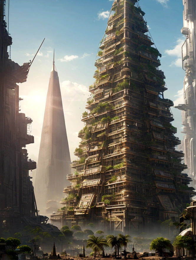 A towering pyramid radiating light amidst a dystopian ancient but futuristic cityscape, where the past meets the future in a brilliant display of technological wonder In an ancient civilization. A lush tropical vegetation is part of the surroundings.