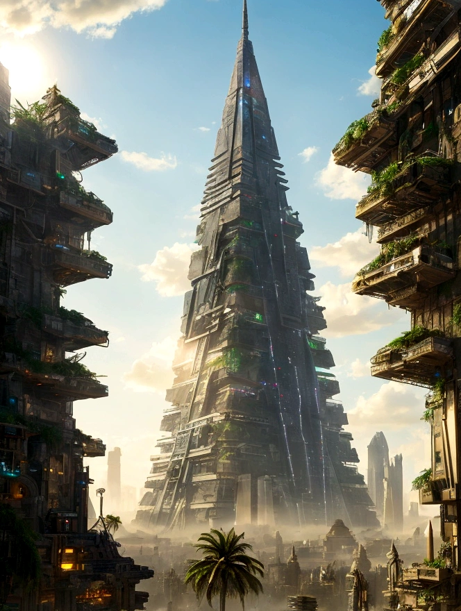 A towering pyramid radiating light amidst a dystopian ancient but futuristic cityscape, where the past meets the future in a brilliant display of technological wonder In an ancient civilization. A lush tropical vegetation is part of the surroundings.