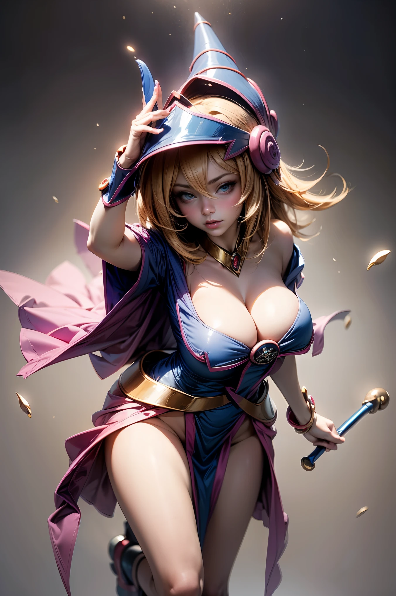 (Masterpiece:1.2), (The best quality:1.2), perfect lighting, Dark Magician Girl casting a spell, floating in the air, big tits, neckline, magic background. Transparent hearts in the air, blue robe, big hat, From above, sparkles, Yugioh Card in the background