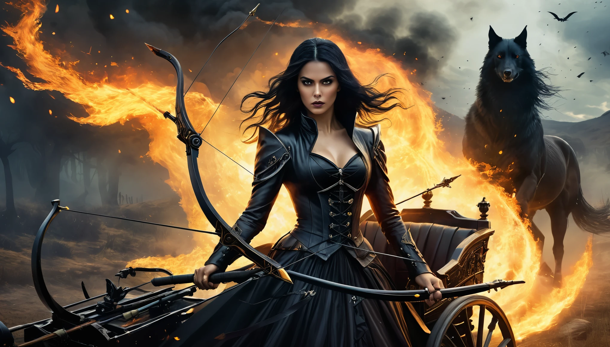 A fierce woman with dark, gothic makeup and flowing black hair, aiming a crossbow out of a gothic-style carriage, surrounded by dark flames and eerie shadows in a haunted landscape.