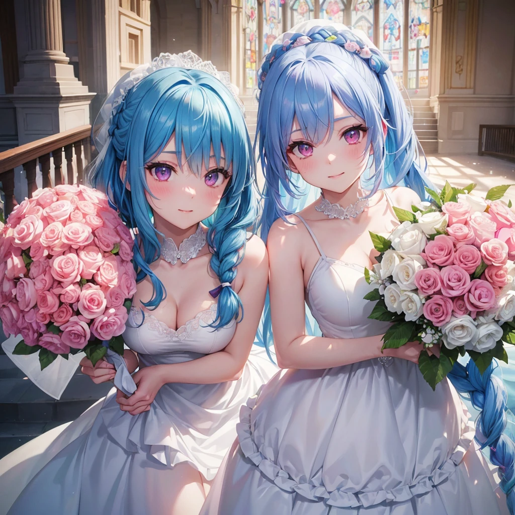 Sky blue hair, (Braided Ponytail),(Pink Eyes),Fair skin ,(whole body),(One girl),bride,A big smile,Straight bangs, 6月のbride,Wedding dress,(masterpiece, Highest quality, Very detailed, Best Shadow), (Detailed Background), (Beautifully detailed face), High Contrast, (Best lighting, Very delicate and beautiful), ((Cinematic Light)), colorful, Hyper Detail, Dramatic Light, Intricate details,Chapel background,Bouquet of roses